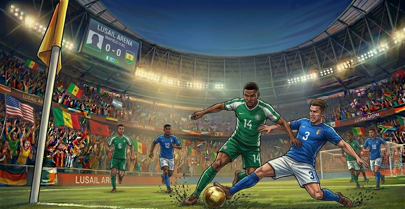 Two players battle for the ball near the corner flag during a 2026 World Cup group stage match