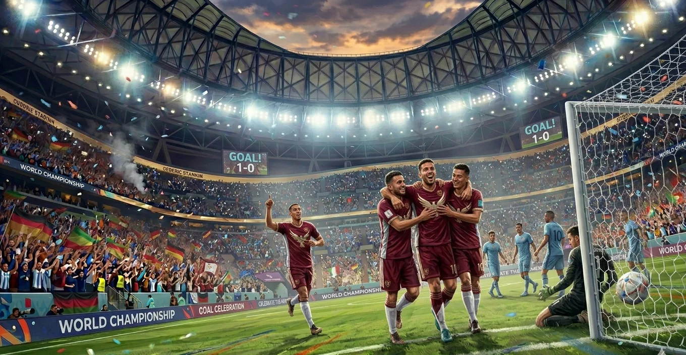 Players celebrate a goal during a FIFA World Cup 2026 match