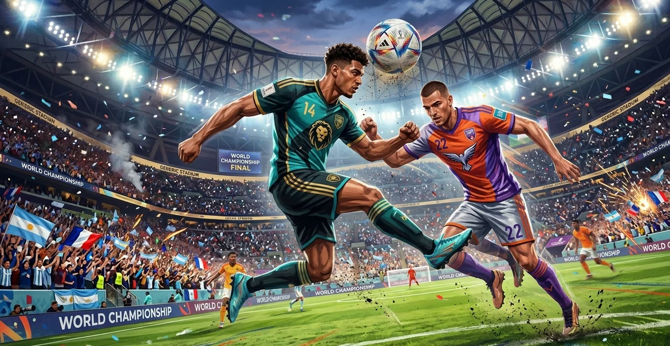 Two players battle for a header during a 2026 World Cup match watched globally on TV and live streams