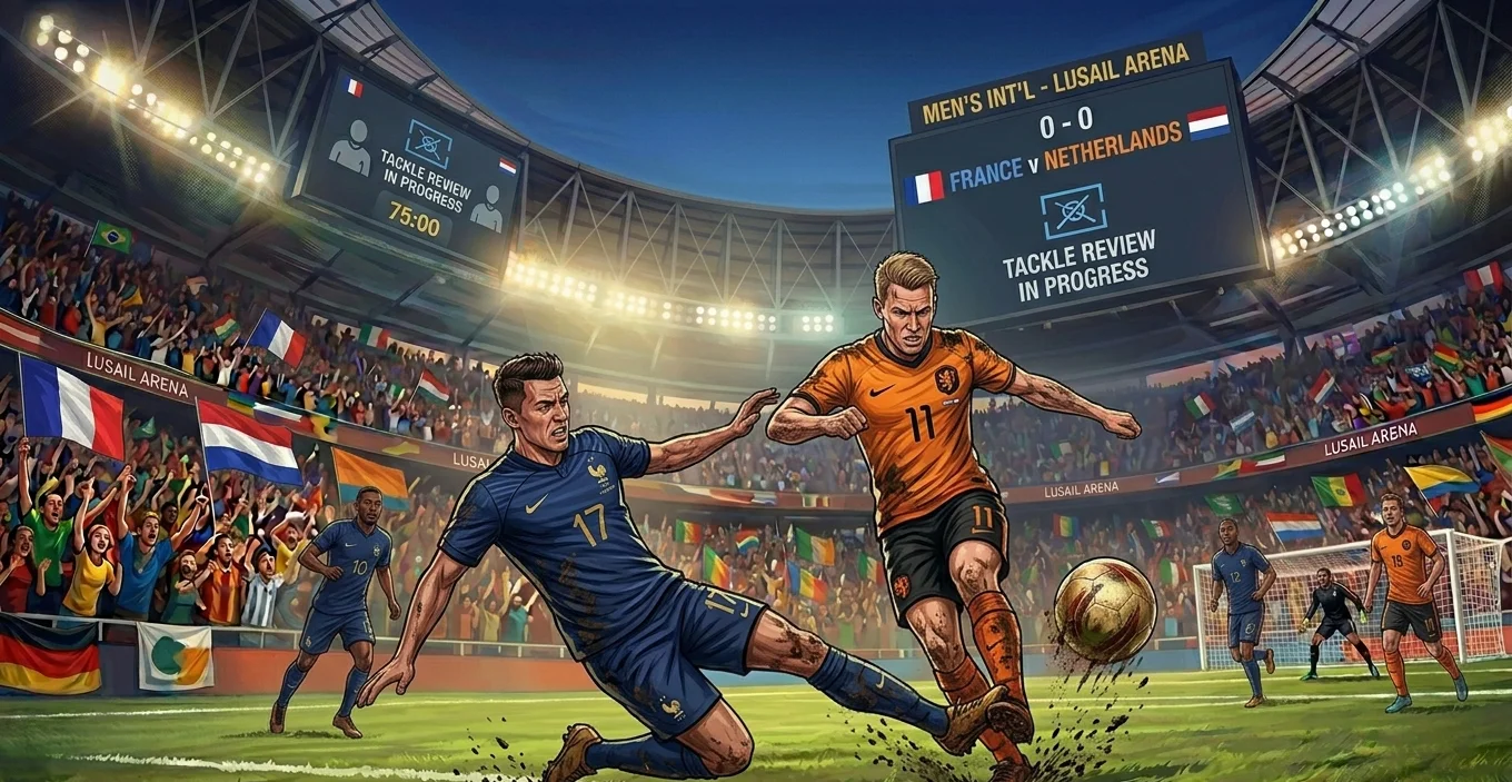 A tackle under VAR review during a 2026 World Cup knockout match