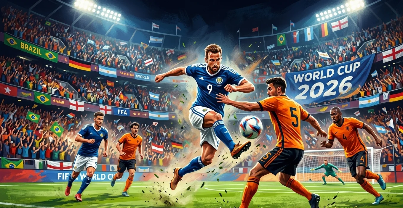 Action shot from a FIFA World Cup 2026 match with players competing for the ball